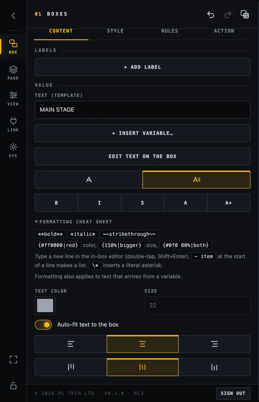 Formatted text mode with the cheat sheet and shortcut buttons (B, I, S, colour, size).