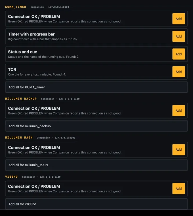 Presets for the connected Companion modules, e.g. KUMA: Timer with progress bar, Status and cue, TCR.