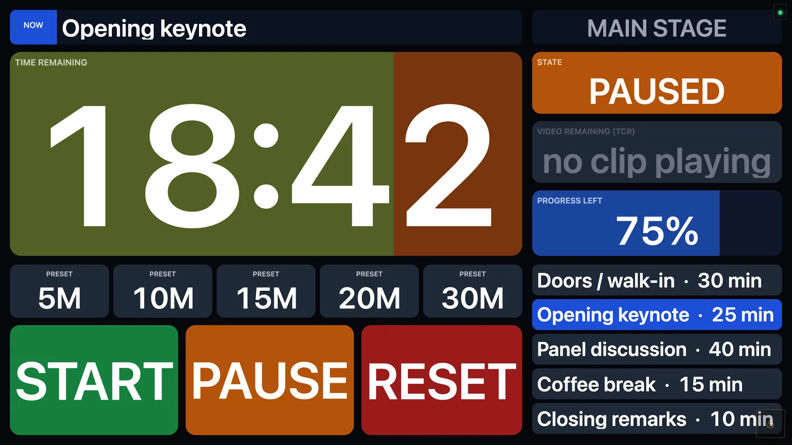 PAUSED: the timer box turns brown and the state turns orange.