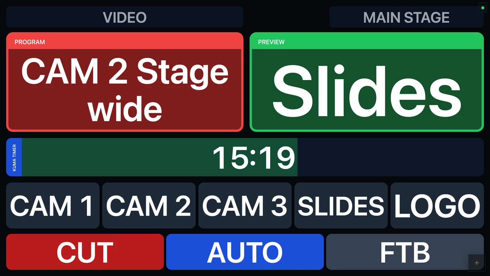 A second page for the video operator: program and preview, the KUMA timer as a bar, source buttons and CUT / AUTO / FTB.