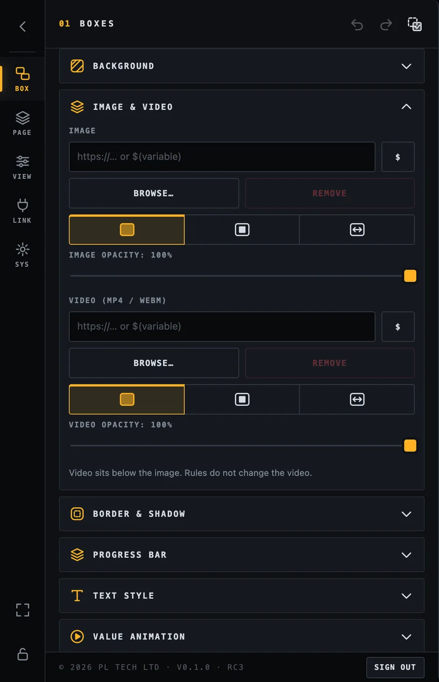 Image and video fields, with fit and opacity.