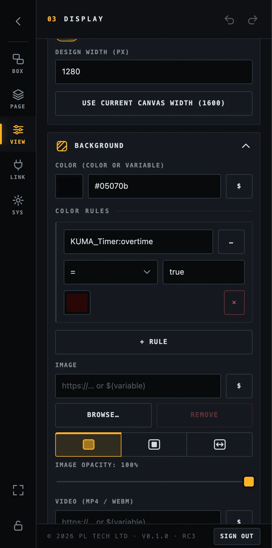 Background colour, a colour rule (red screen when the KUMA overtime flag is true) and images.