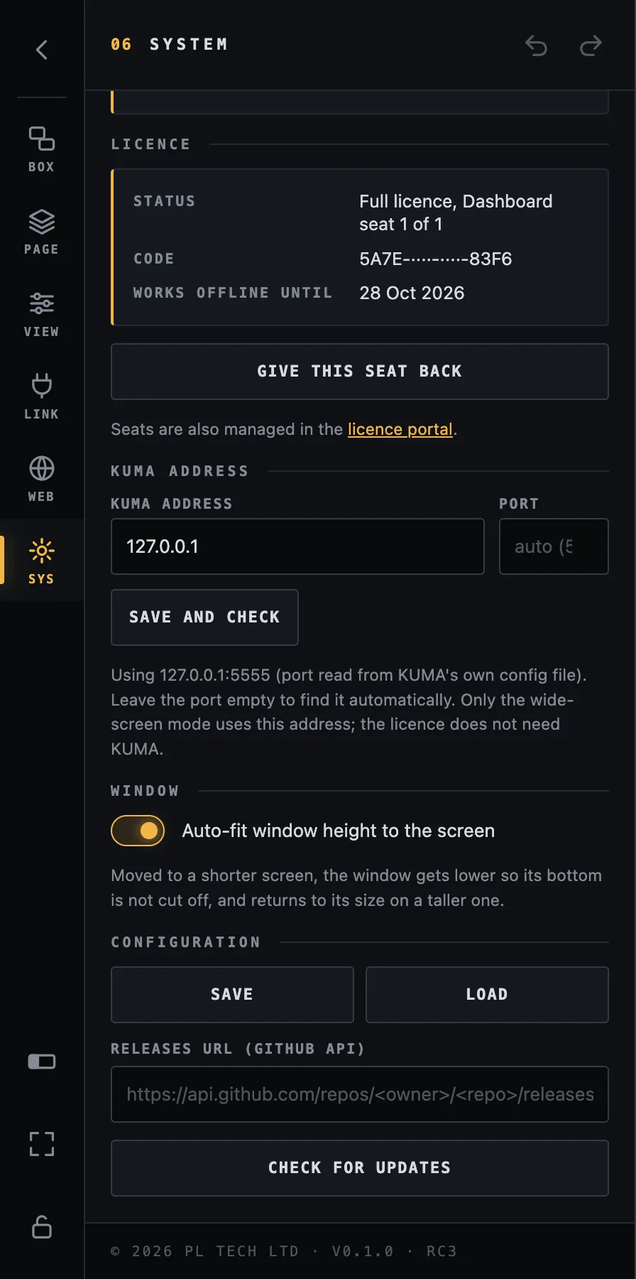 SYS: the rest of the section, with configuration save and load.