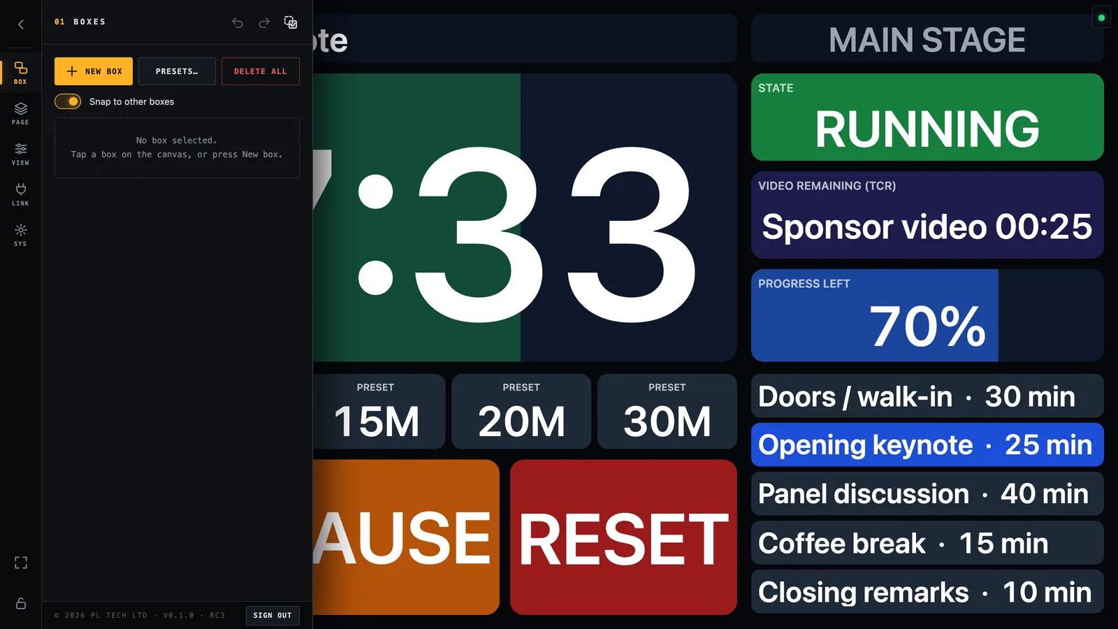 The menu open on a finished dashboard. Rail on the left: BOX, PAGE, VIEW, LINK, (WEB) and SYS; padlock and full-screen at the bottom.