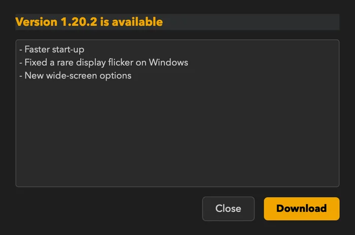 The update notice: the new version number, a short list of changes, and Close or Download.