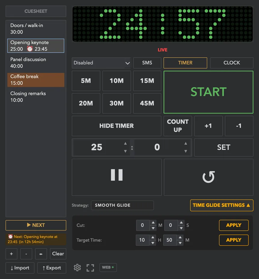 Running: the status shows LIVE and the monitor counts down.