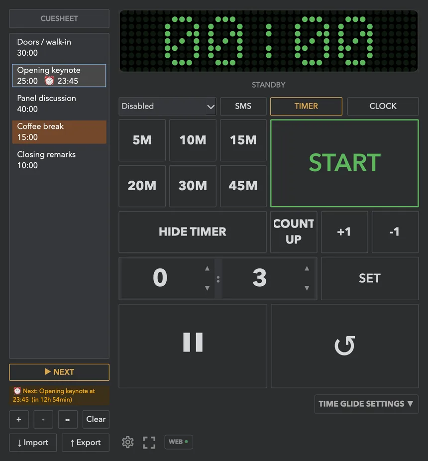 The time-cut panel is collapsed here; press the orange button to open it.