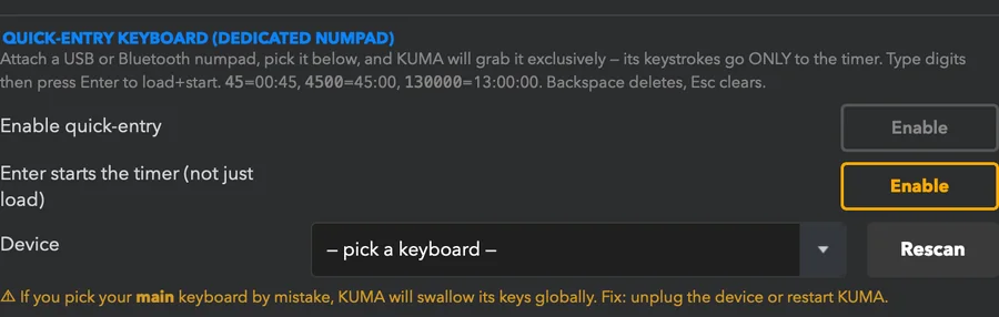 The Quick-Entry Keyboard group: enable, whether Enter also starts the timer, and the device picker. Warning: do not pick your main keyboard.