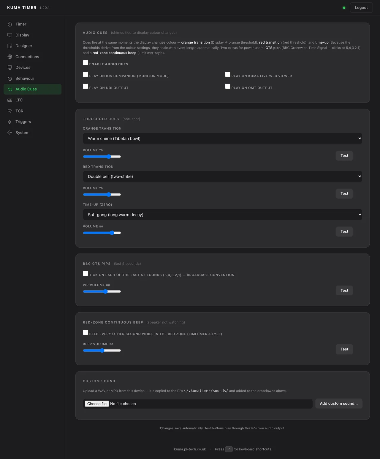 Admin → Audio Cues.