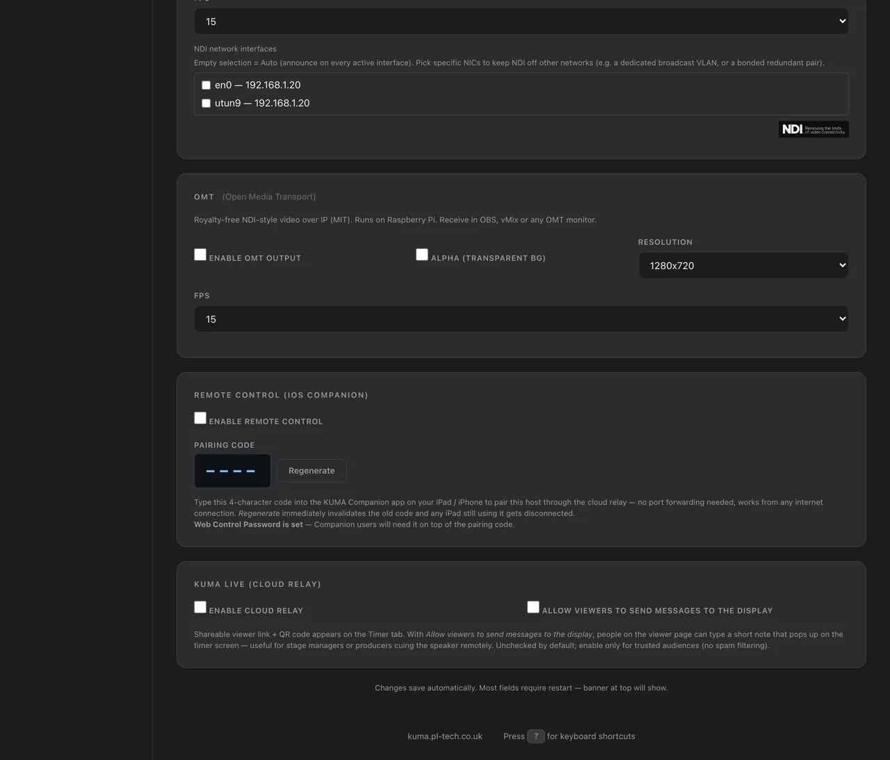 Admin → Connections: NDI and OMT outputs.