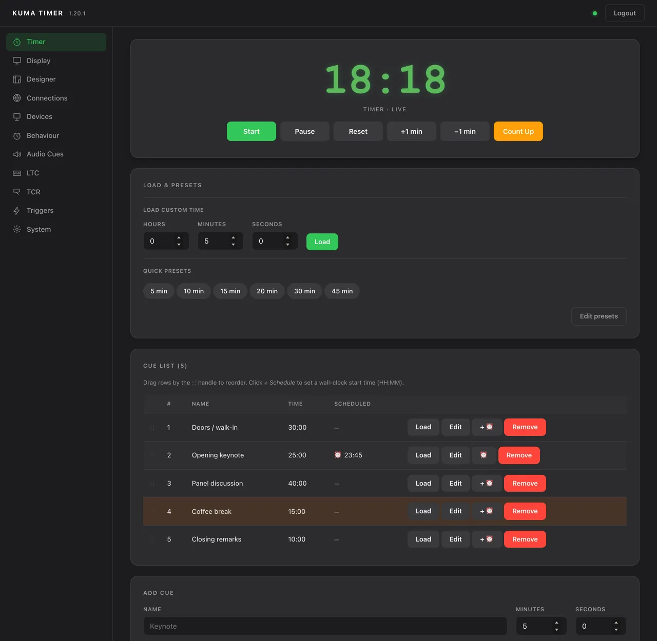 Admin → Timer: the big read-out with Start, Pause, Reset, ±1 min and Count Up, custom time and quick presets.