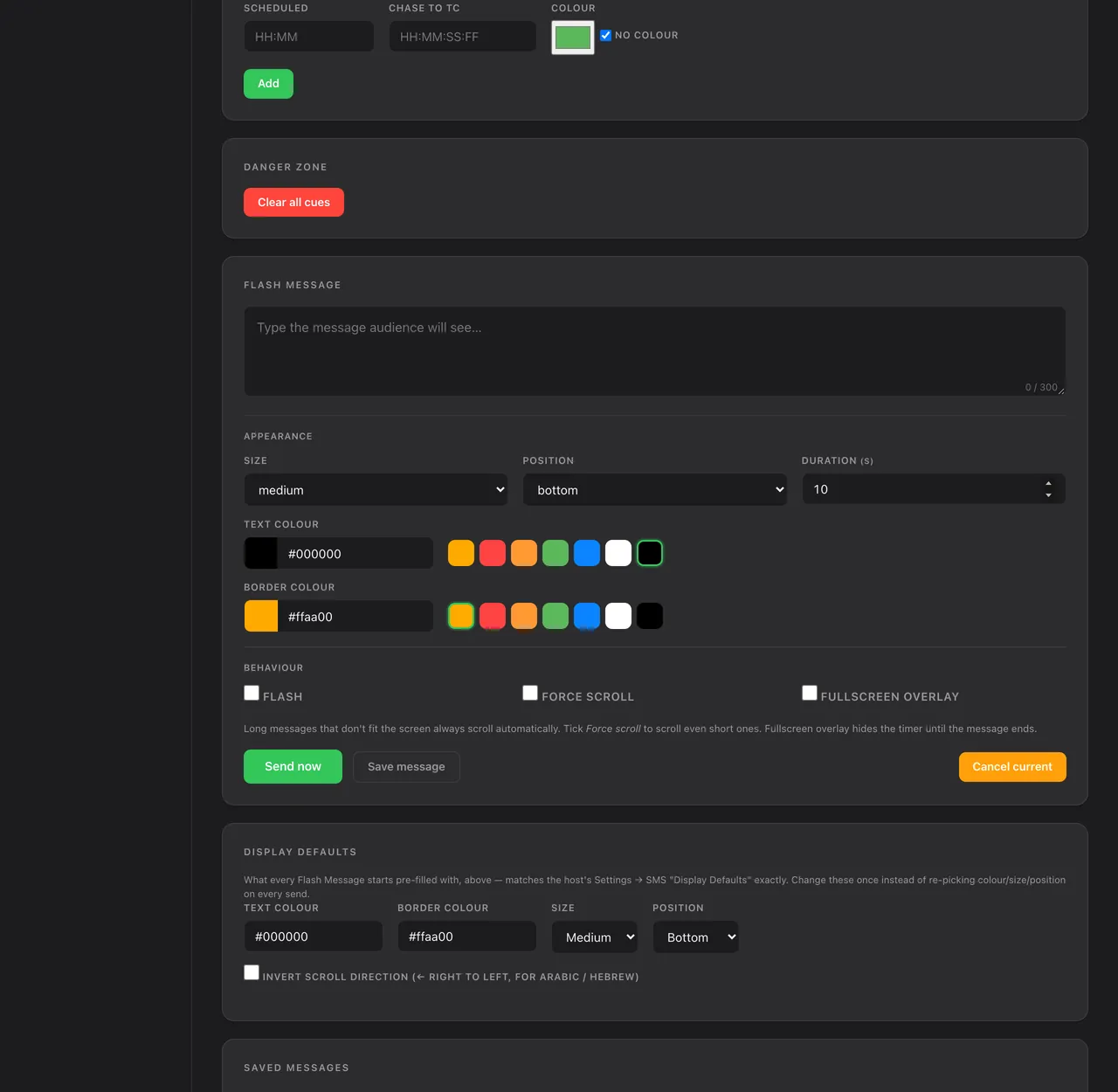 Admin → Timer, further down: the cue list with load, edit, schedule and remove, adding a cue, and clearing all cues.
