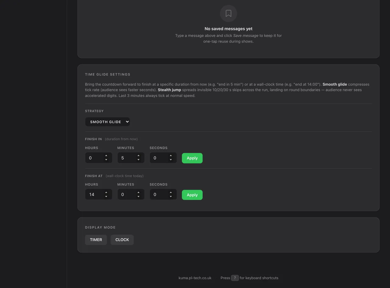 Admin → Timer: send a message to the screen, saved messages and Time Glide / Jump.