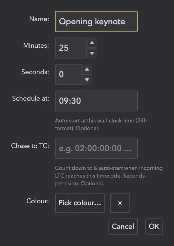Editing a cue: name, time, scheduled start, timecode target and colour.