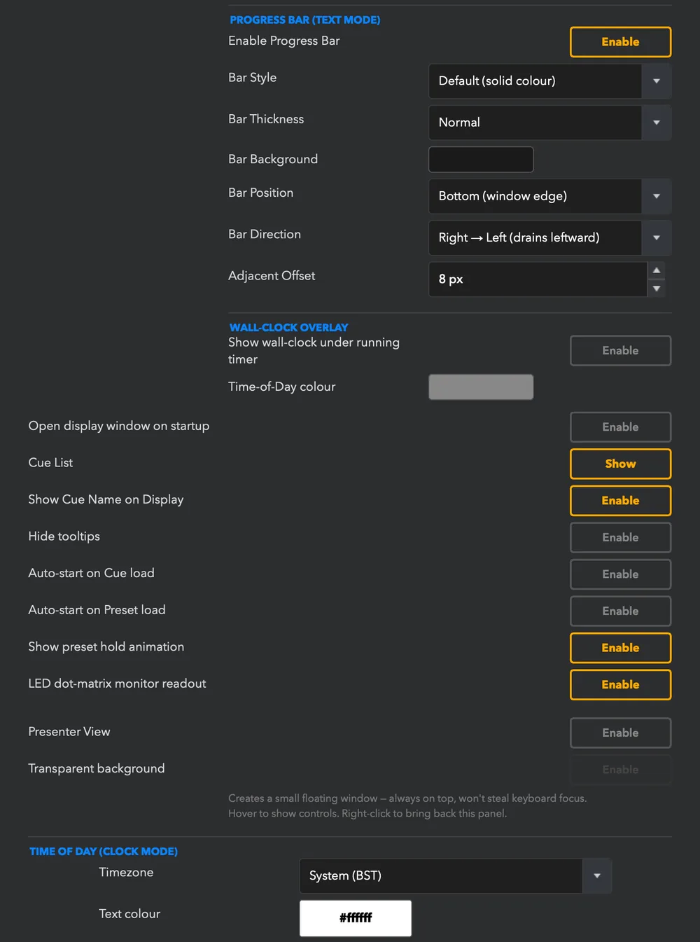 Display, part 2: ring and progress-bar options and the wall-clock overlay.