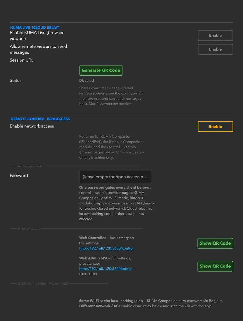Connections, part 1: KUMA Live, remote control and web access (passwords, browser pages, Companion pairing).