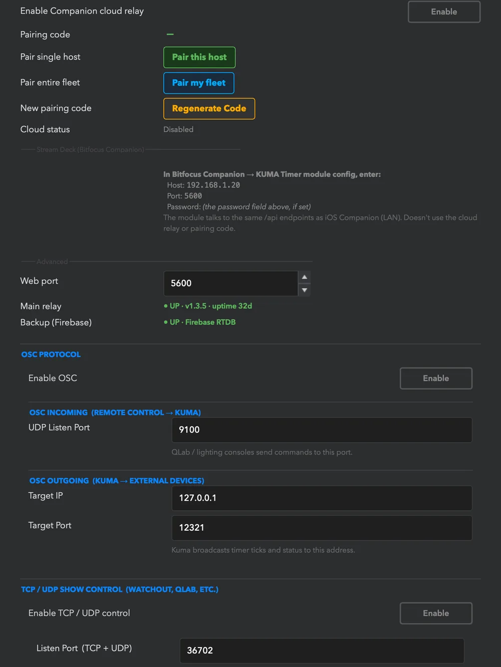 Connections, part 2: the Stream Deck / Bitfocus Companion hint, advanced (web port and relay status), OSC and TCP / UDP show control.