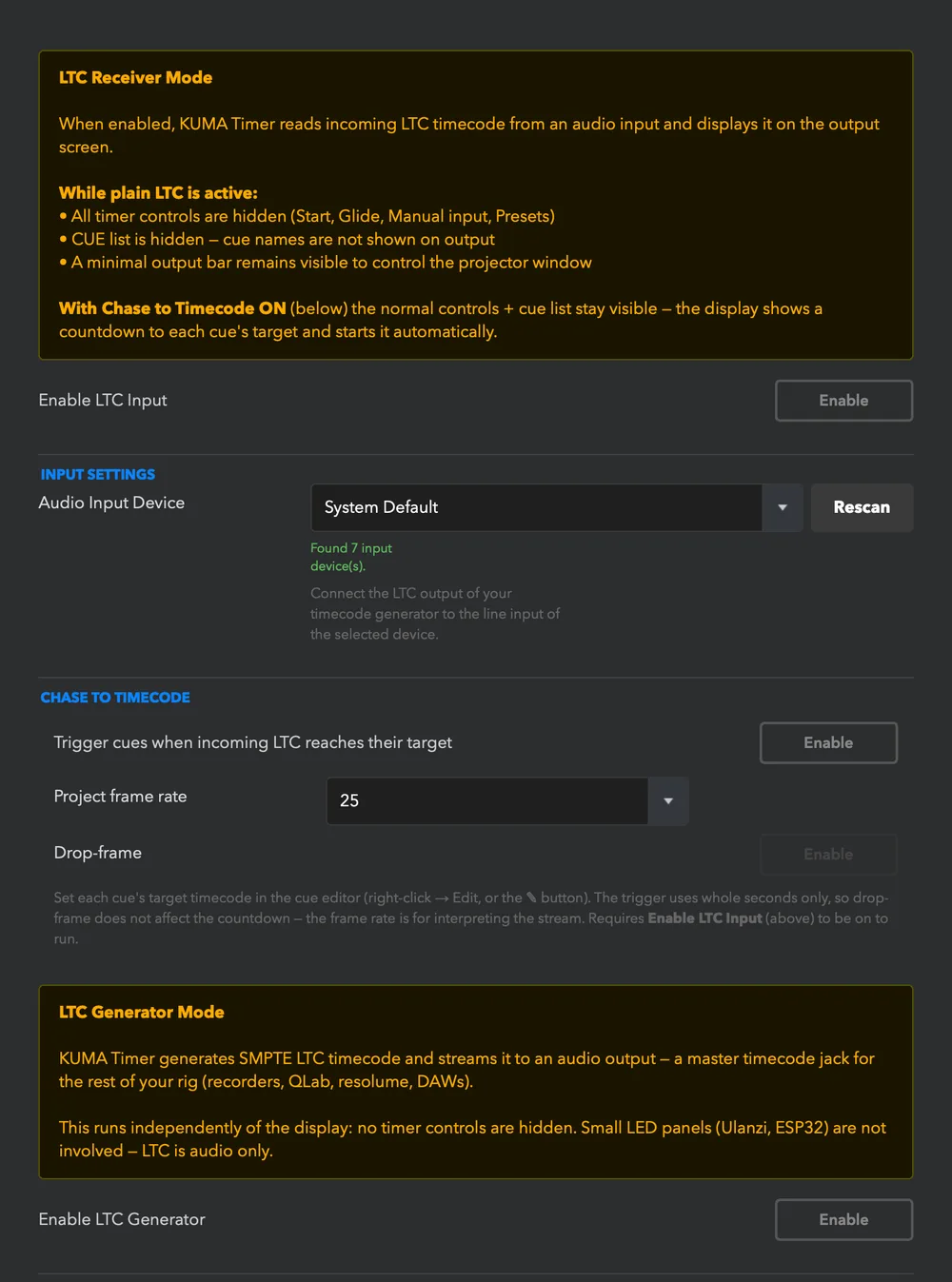 Settings → LTC: enable input, choose the audio device, chase to timecode with the project frame rate and drop-frame.