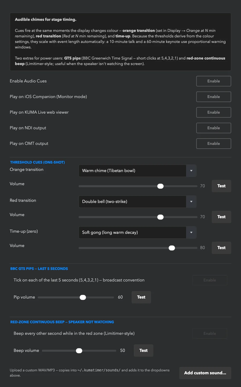 Audio cues: enable, where to play them, the three threshold cues with sound and volume (and a Test button), the BBC pips and the red-zone beep.