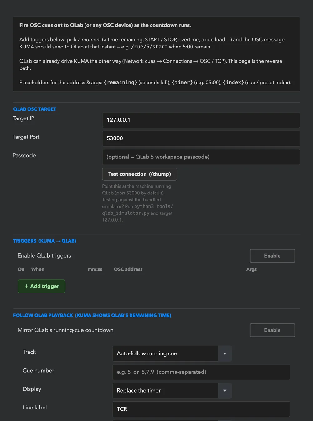 TCR → PowerPoint: display, label, colours, and the listen port for the add-in.