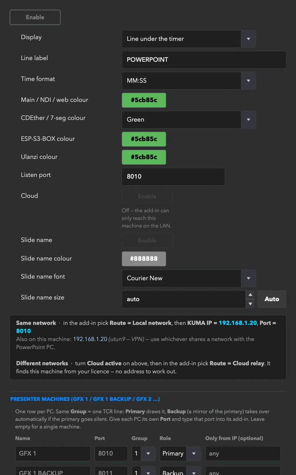 TCR → QLab: follow the running cue, line or replace mode, label, colours.