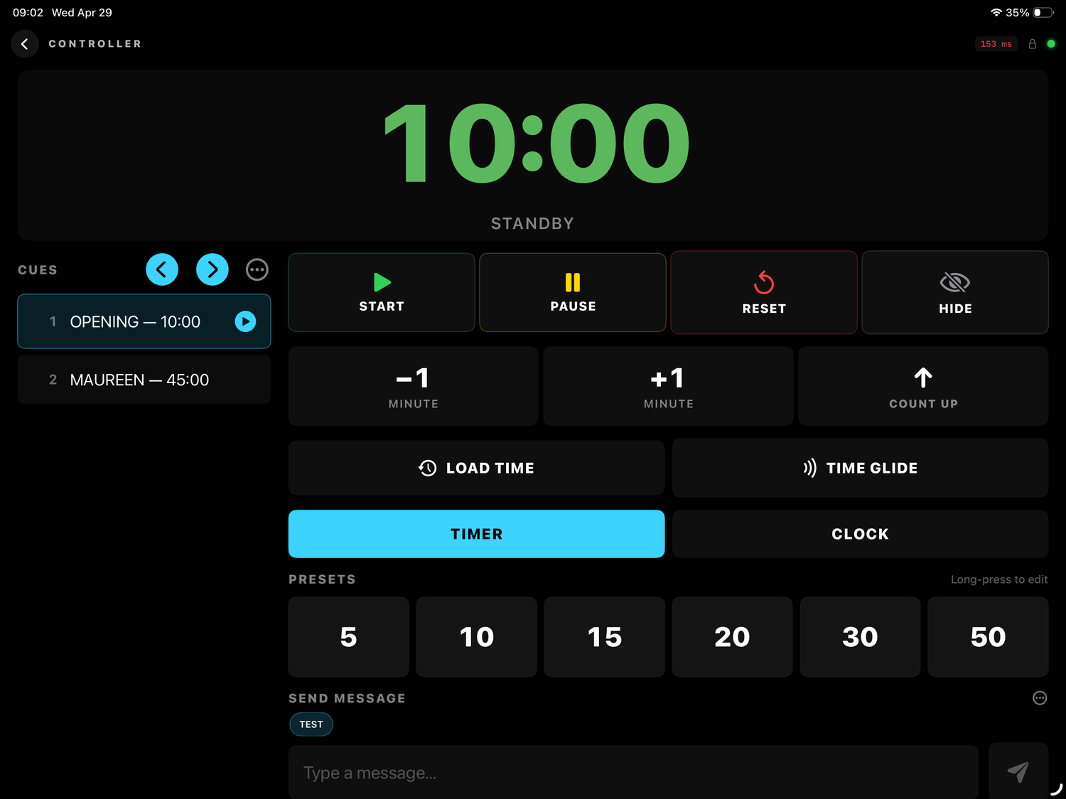 KUMA Companion Controller view on iPad landscape — two-column layout with CUES list (Opening 10:00, Maureen 45:00) on the left and transport, ±1 min, Load Time / Time Glide, TIMER/CLOCK toggle and presets on the right