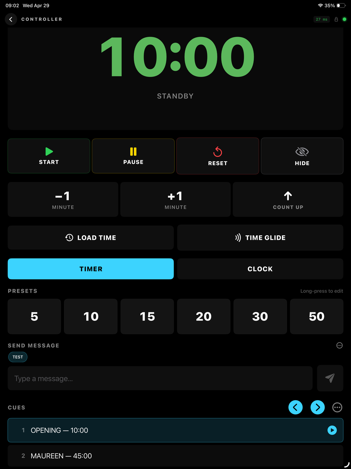 KUMA Companion Controller view on iPad portrait — large green 10:00 timer with START / PAUSE / RESET / HIDE row and preset buttons