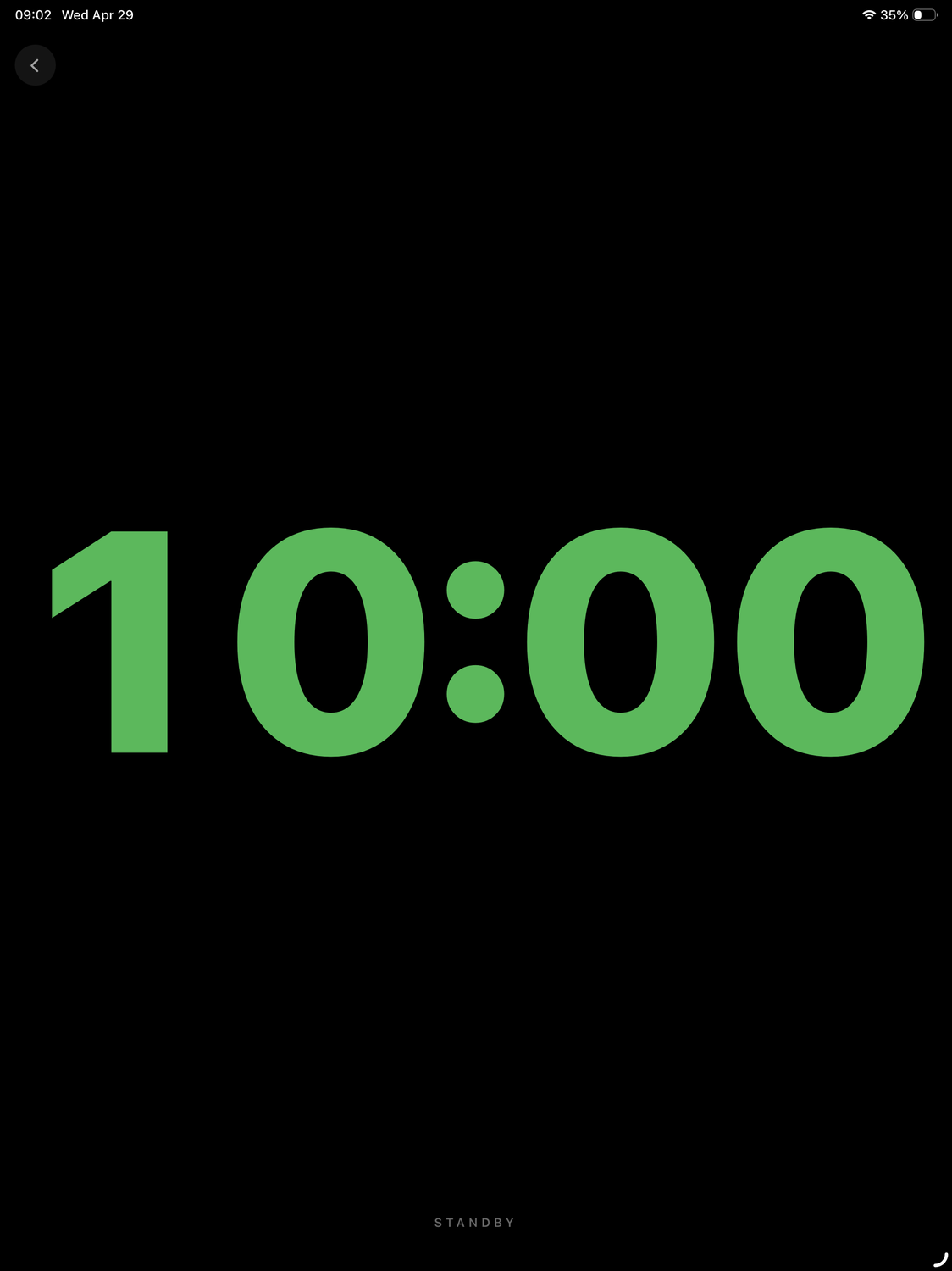 KUMA Companion Monitor view on iPad portrait — full-screen 10:00 countdown in green with STANDBY label