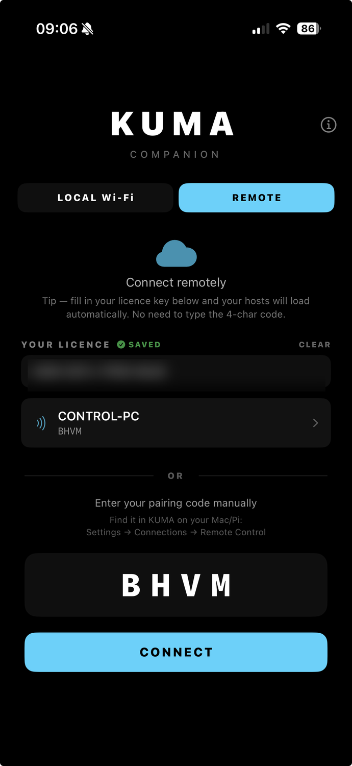 KUMA Companion REMOTE pairing screen — saved licence and four-character pairing code BHVM ready to connect via the cloud relay