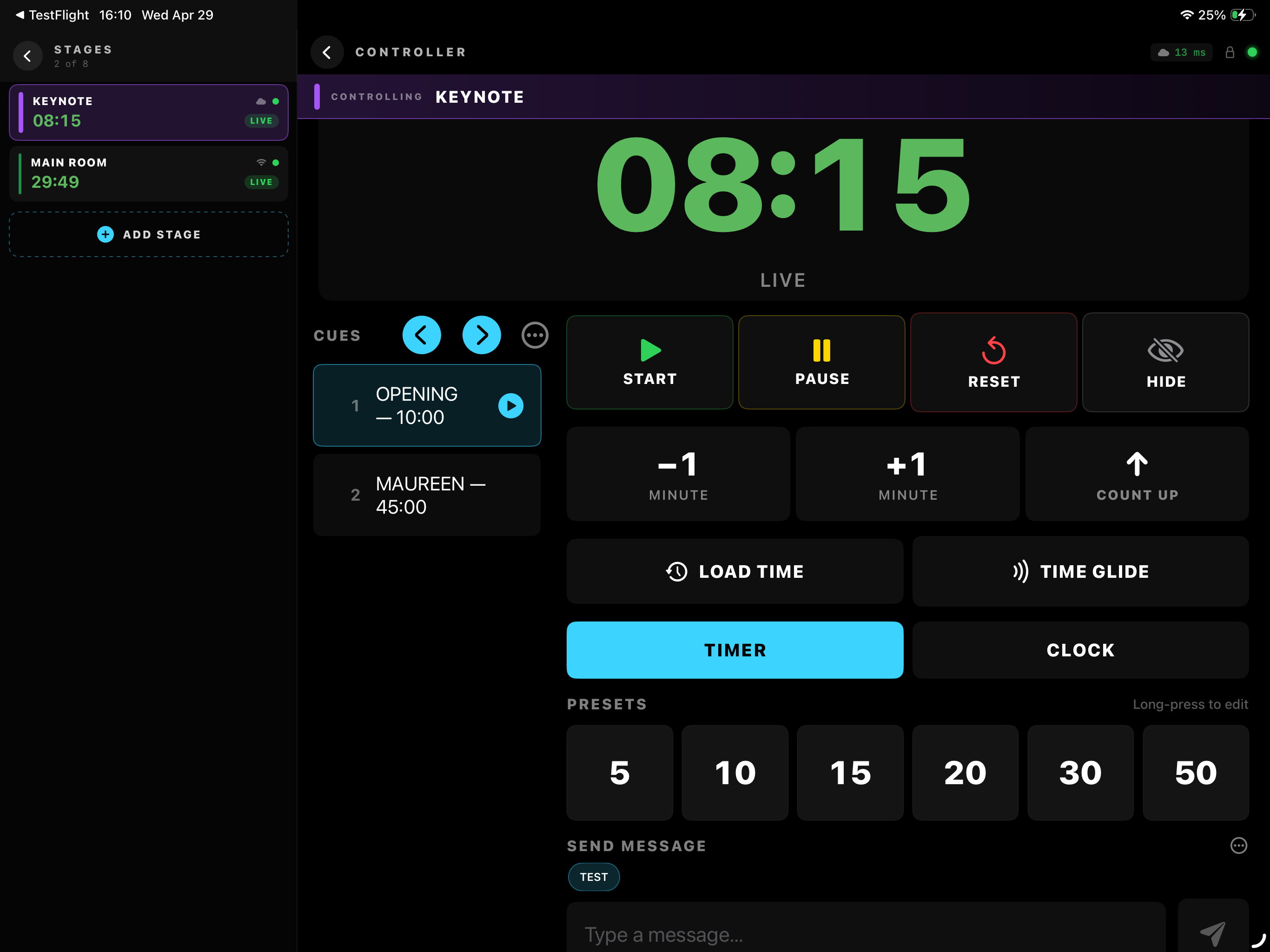 KUMA Companion Stages mode on iPad landscape — Stage list permanently on the left, full Controller surface on the right with active Stage banner across the top