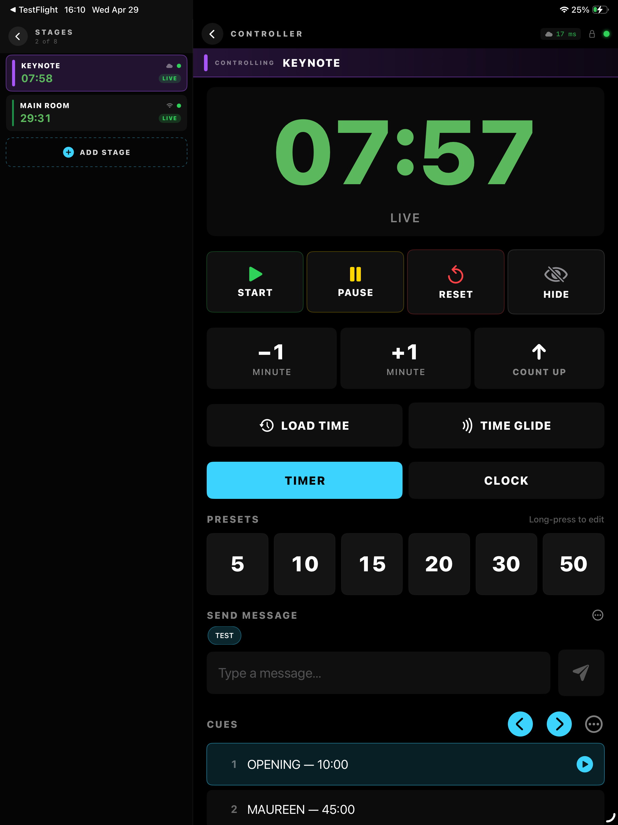 KUMA Companion Stages mode on iPad portrait — colour-coded list of saved hosts with a transport icon, current timer state and pairing code per row