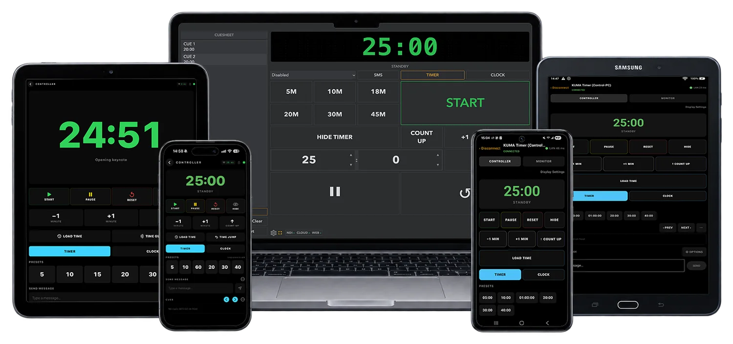 KUMA Timer on a laptop, a tablet and phones: one timer, many surfaces.