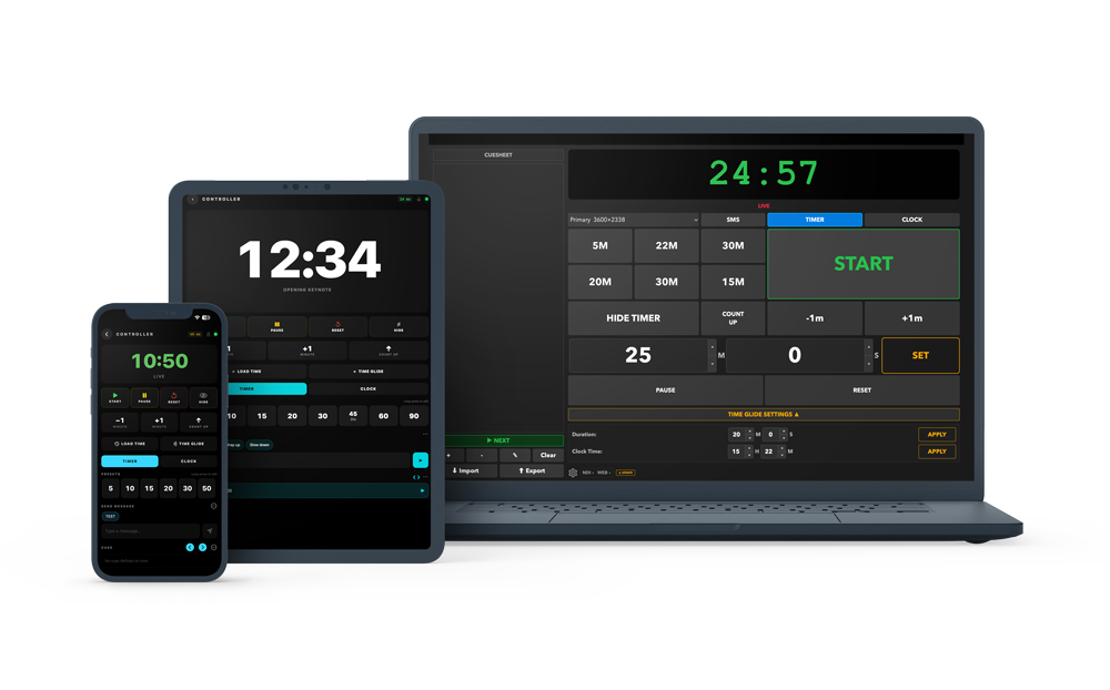 KUMA Timer stage countdown timer running on Mac, iPad and iPhone — host with full control surface plus the iOS Companion app on tablet and phone for live events