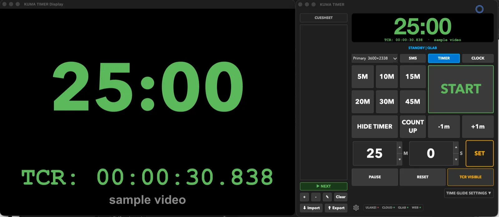 KUMA Timer display showing a green TCR line (00:00:30.838, sample video) under the main countdown, with the QLAB / TCR VISIBLE controls in the panel