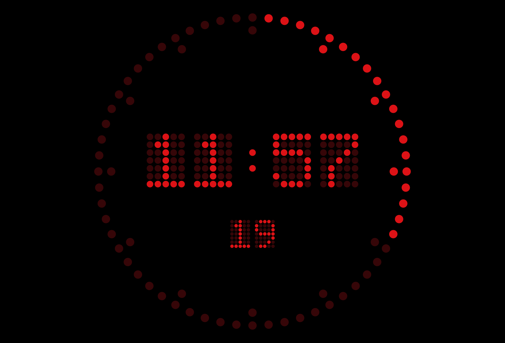 KUMA Timer RounDOT — BBC pip / Wharton dot-matrix clock face showing 11:57 with 18 seconds elapsed